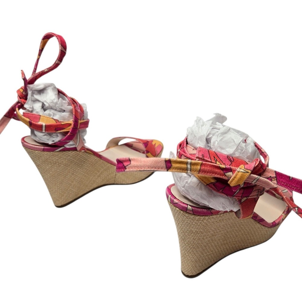 Emilio Pucci Y2K Raffia Espadrille Wedge Sandals 38 Pink Abstract Italy Tie Heel - Picture 13 of 16